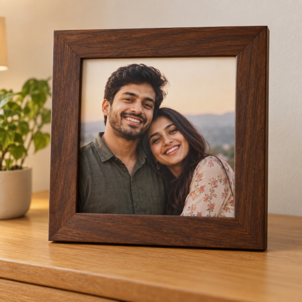 Demo walnut photo frame with a smiling couple